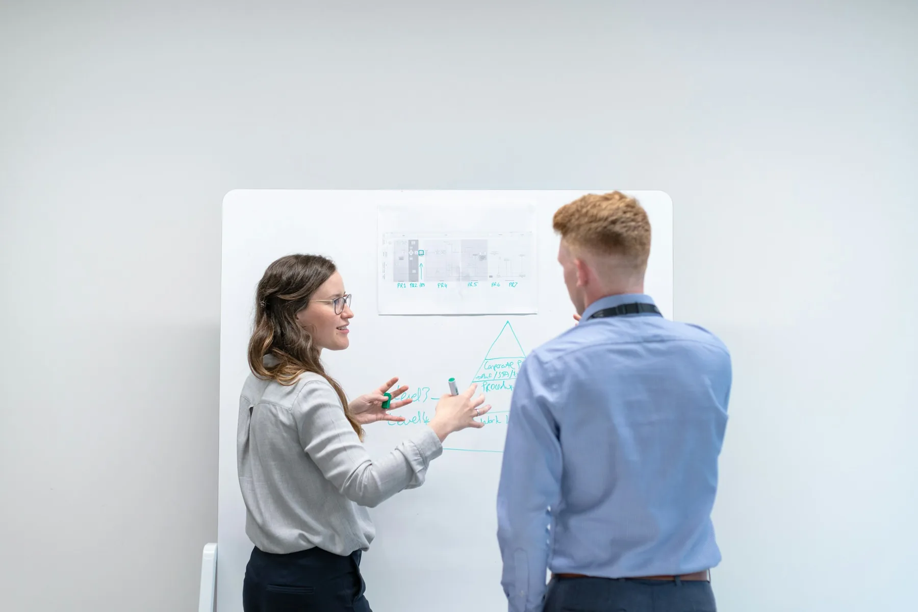 Two engineers discussing a system diagram on a whiteboard in a bright office
